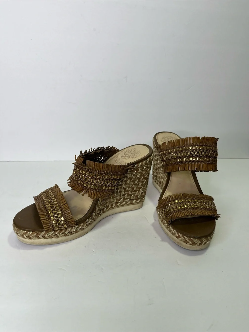 Woven Fringe Wedge Sandals in Brown